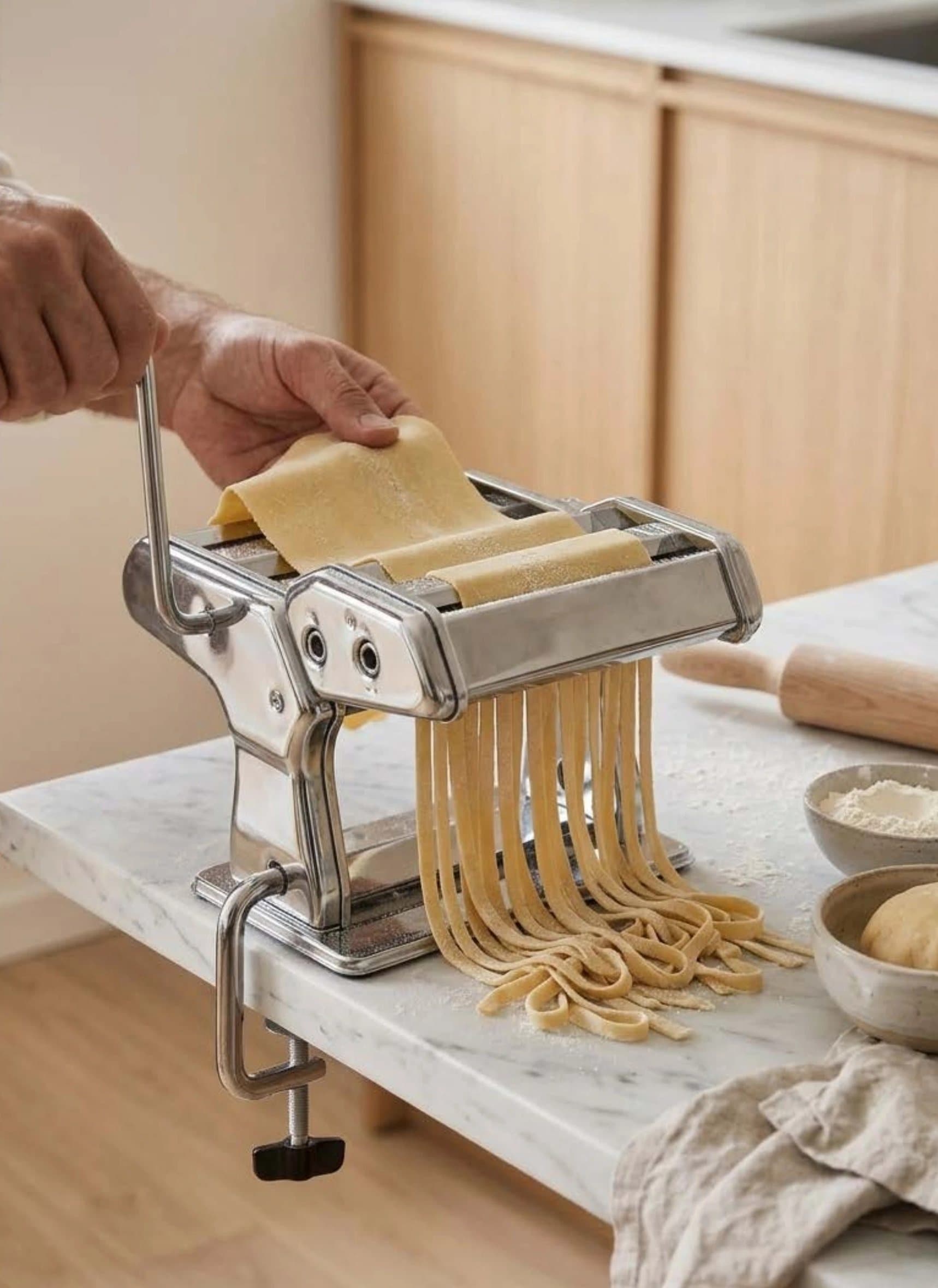 מכונת פסטה ידנית מגלגלת בצק על משטח שיש